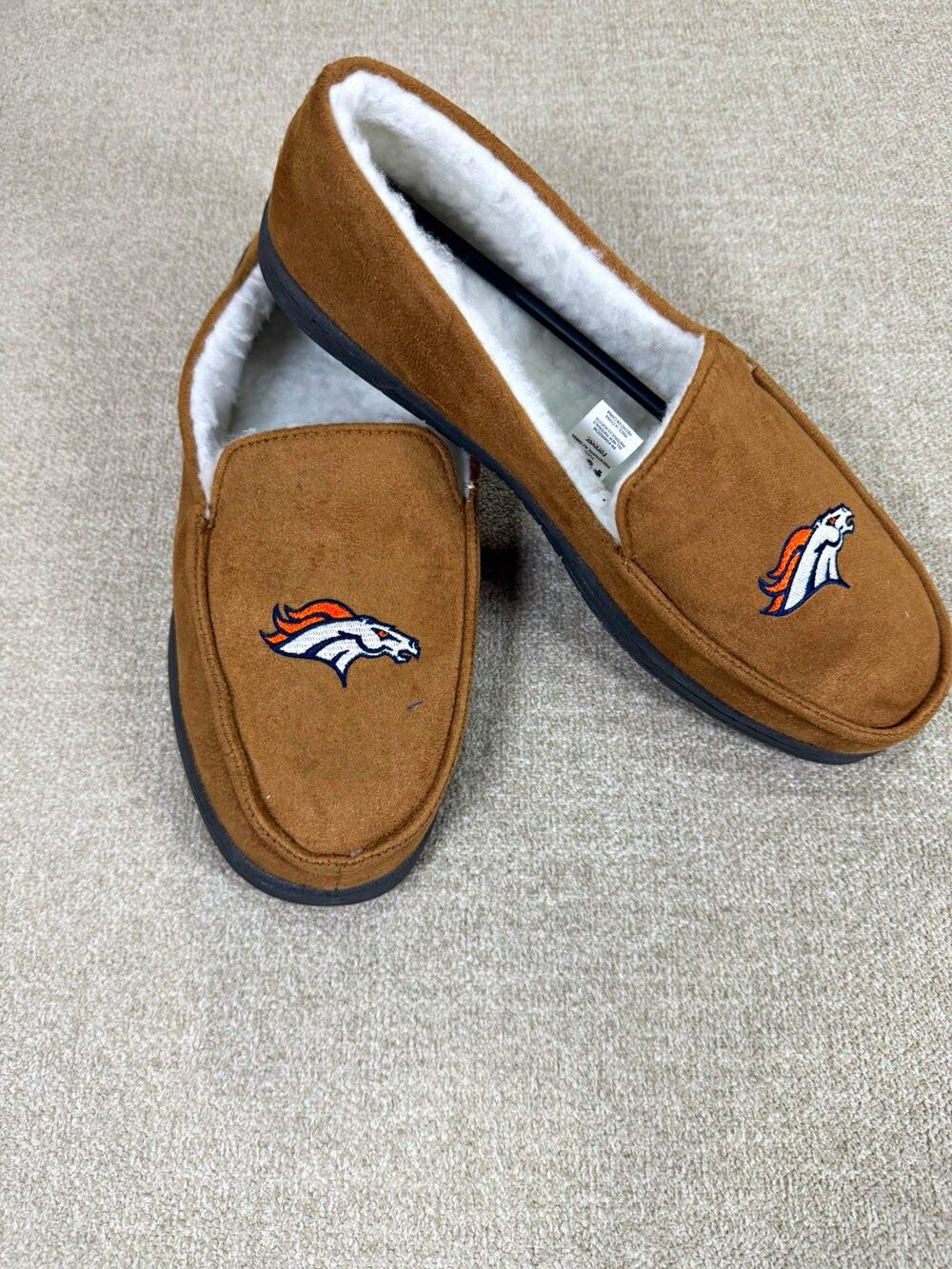 FOCO Denver Broncos NFL Brown Faux Fur Lined Slip-On Slippers Size L - NEW